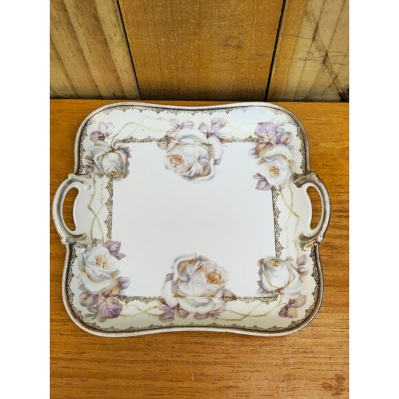 RM Bavaria Porcelain Square Serving Plate With Purple & White Rose Design - Picture 1 of 6